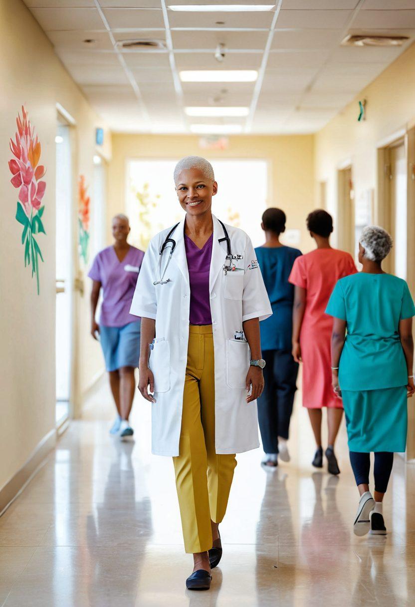 A compassionate healthcare professional guiding a diverse group of cancer patients through a serene hospital corridor filled with natural light, showcasing supportive interactions and hope. Include symbols of strength like a phoenix and blooming flowers in the background, emphasizing resilience and community. Bright, uplifting colors with a calming ambiance. super-realistic. vibrant colors. white background.
