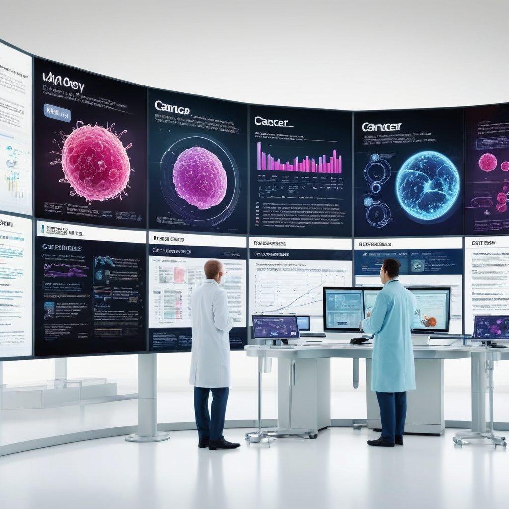 A sleek, modern digital interface displaying headlines and research articles related to oncology. Include a background depicting a laboratory scene with scientists working and cancer cells under a microscope. Add vibrant infographics showing statistics and progress in cancer research. Use futuristic elements that convey technology and innovation. super-realistic. vibrant colors. white background.